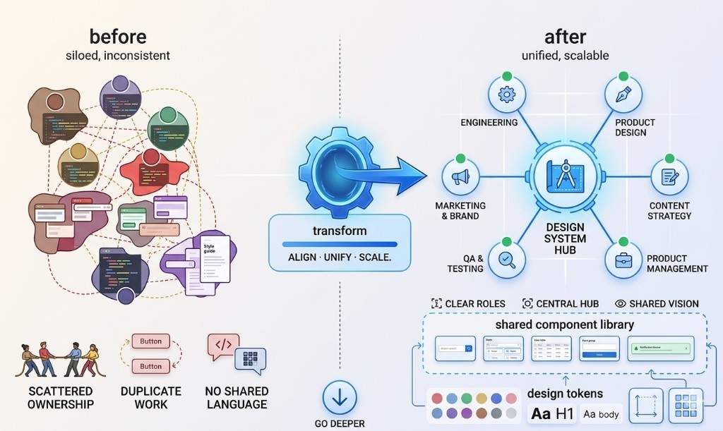 Design system transformation diagram showing before and after team alignment