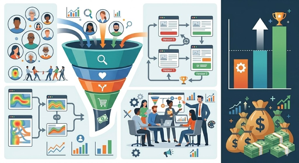 Illustration of sales funnel, A/B testing, heatmaps, and revenue growth